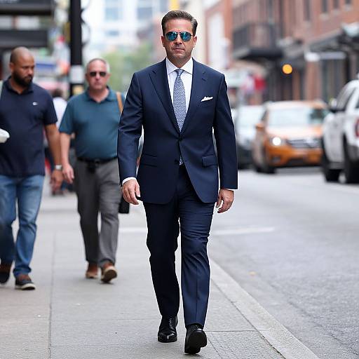 Photograph of a suave, blond, middle-aged man in a dark blue suit, white shirt, and tie, walking confidently on a city street
