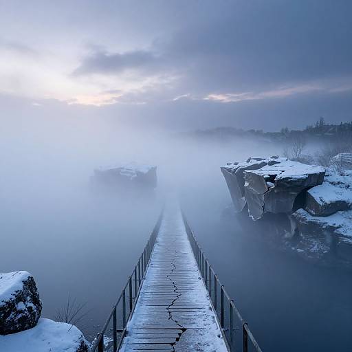 Photograph of a misty, snow-covered wooden pier extending into a foggy lake with sunlit clouds, rocky cliffs, and distant shoreline.