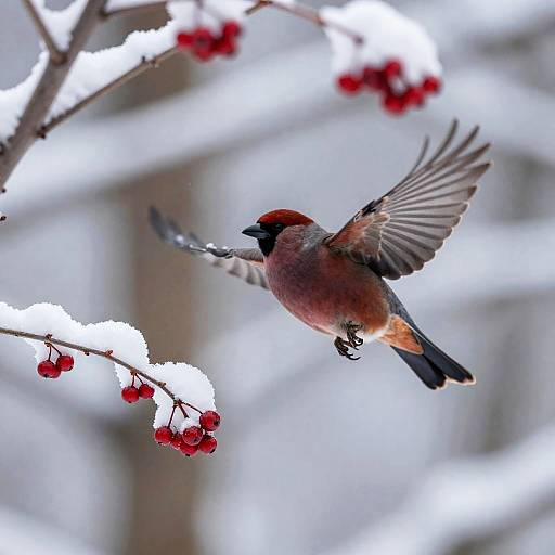 Bullfinch in Flight Over Snowy Branch