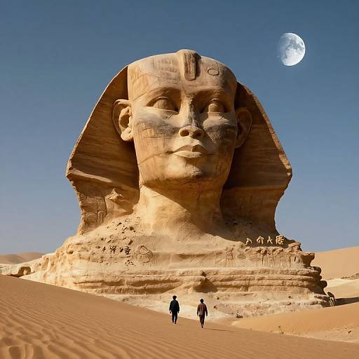 Photograph of a massive, sandstone bust of an ancient Egyptian pharaoh in a desert, with two people walking below, moon in clear blue sky