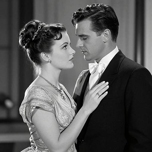 Black-and-white photograph of a 1940s-style couple; woman in elegant dress, updo, and necklace, man in black tuxedo