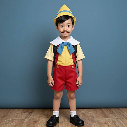 Photograph of a young boy in a yellow shirt, red shorts, blue bow tie, white collar, black shoes, and yellow hat, standing against