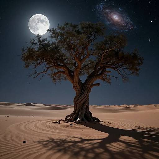 Photograph of a solitary, twisted tree in a moonlit desert, with a bright full moon and a visible galaxy in the starry night sky,