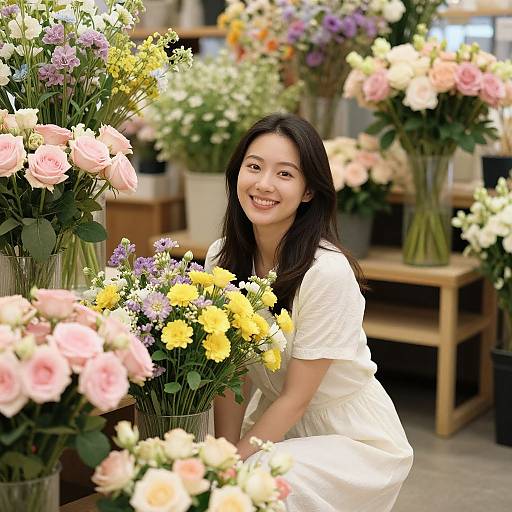 Photograph of a smiling Asian woman with long black hair in a white dress, surrounded by colorful floral arrangements in a bright, bustling flower shop.