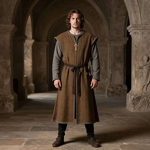 Photograph of a bearded man with curly brown hair, wearing a medieval brown tunic over a gray long-sleeve shirt, standing in a