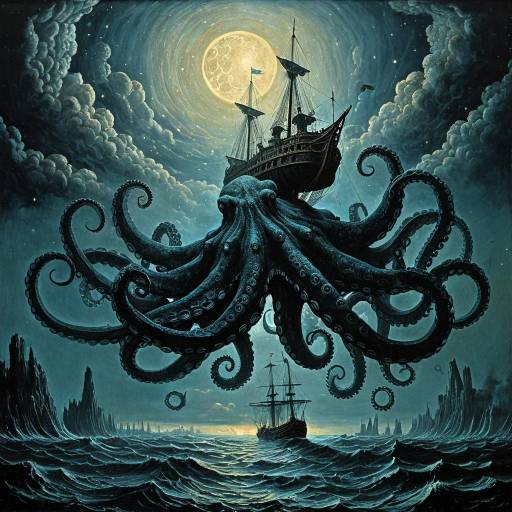 Surreal Giant Octopus with Celestial Ship