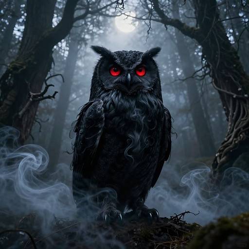 Mysterious, glowing-eyed black owl with eerie red eyes, surrounded by mist, stands in a dark, foggy forest. Digital art.