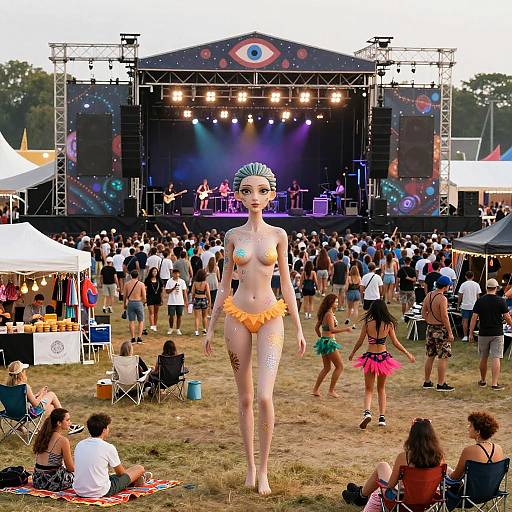 Festival Crowd with Futuristic Female Figure