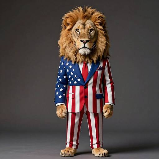 Photorealistic CGI of a male lion wearing an American flag suit with red, white, and blue colors, standing against a dark gradient background.