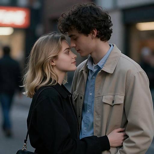 Intimate Neon-Lit Urban Couple Embrace