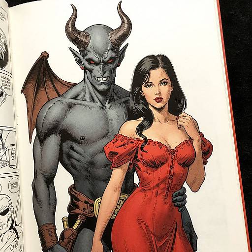 Comic-style drawing of a muscular, gray-skinned demon with horns and wings, standing behind a black-haired woman in a red off-shoulder dress