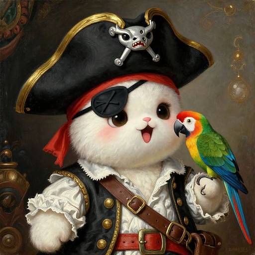 Cute digital painting of a fluffy white puppy pirate with black eye patch, colorful parrot, gold-trimmed black hat, and pirate vest.