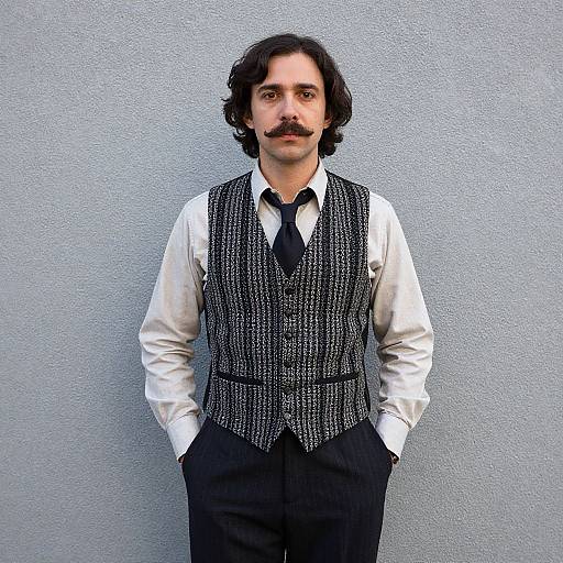 Photograph of a man with curly black hair, mustache, wearing a white shirt, black tie, and patterned gray vest, standing against a
