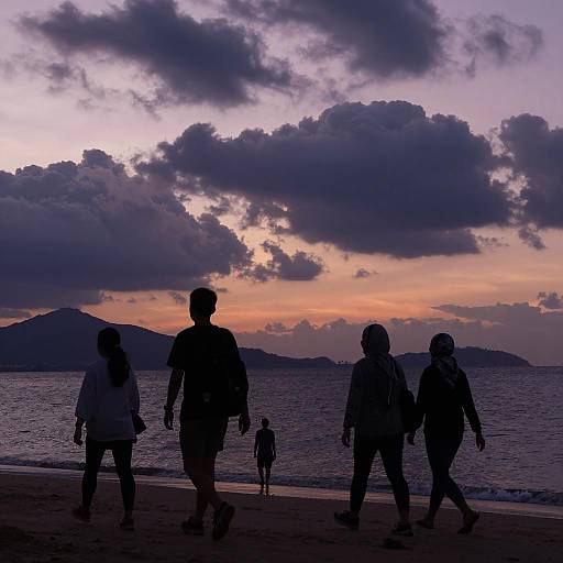 Dusk Beach Walkers Silhouetted Against Sky