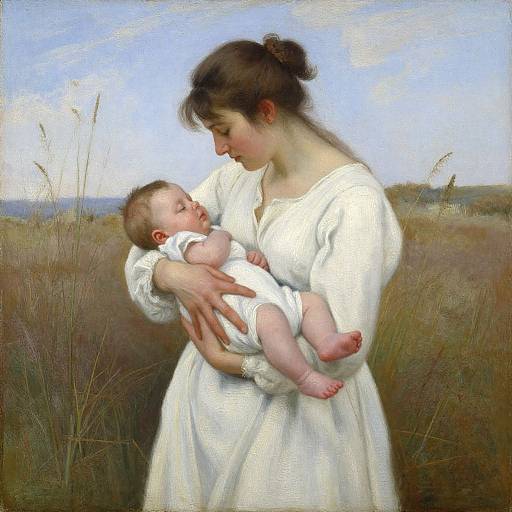 A realistic painting of a young woman in a white dress gently holding a sleeping baby in her arms, standing in a grassy field under a clear blue