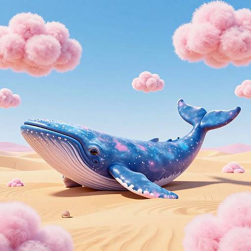 Digital art of a blue, galaxy-patterned whale with white underside lying on sandy dunes under a bright blue sky with pink clouds.