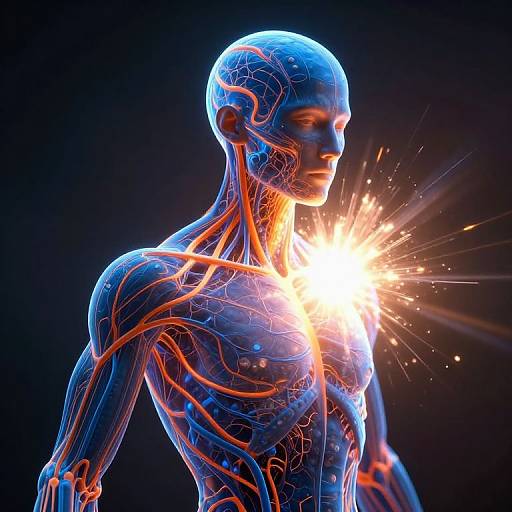 Digital illustration of a blue, translucent human figure with glowing orange nerve pathways, emitting bright sparks from the upper chest. Dark background highlights the vibrant, illuminated