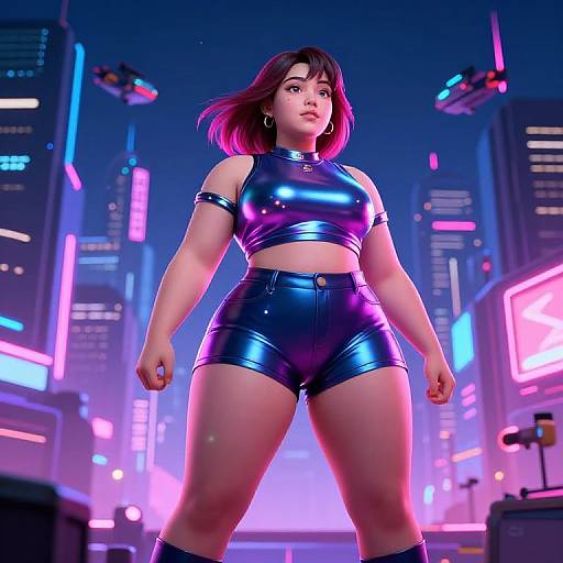 CGI image of a confident woman with pink-tinted dark brown hair, wearing shiny blue latex crop top and high-waisted shorts, standing
