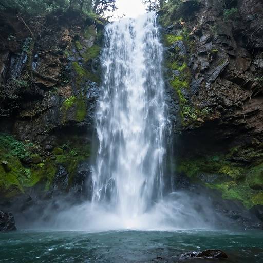 Photograph of a powerful waterfall cascading down a moss-covered, rocky cliff into a misty, turquoise pool below. Dense greenery surrounds the top