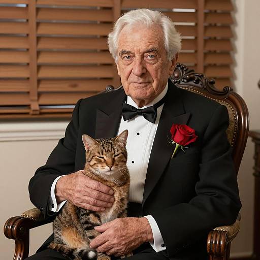 Elegant Older Man with Cat and Rose