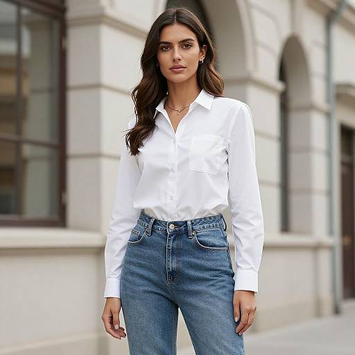 Photograph of a young woman with long, wavy brown hair, wearing a white button-up shirt and high-waisted blue jeans, standing in