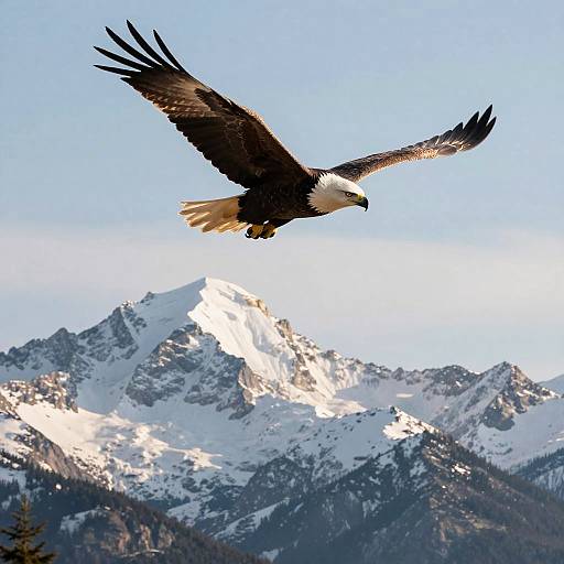 Photograph of a majestic bald eagle soaring over snow-capped mountains with a clear blue sky in the background.