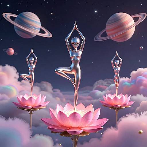 Digital artwork of three metallic, nude, alien-like women in yoga poses standing on glowing pink lotus flowers, against a cosmic sky with Saturn-like planets
