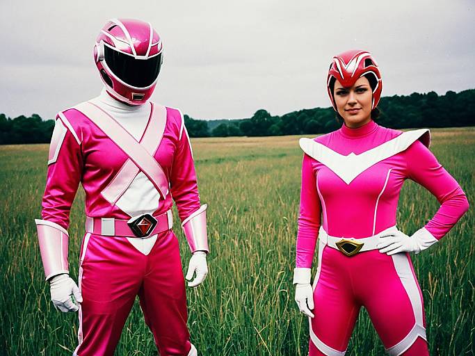 Photograph of two costumed characters in vivid pink and white superhero suits, standing in a grassy field with a tree line background. One character wears