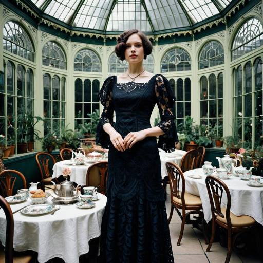 Woman in Victorian Dress at 1920s Tea Party