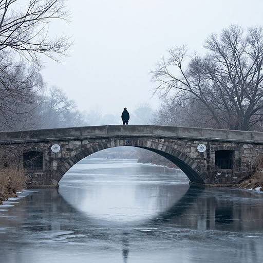 Silhouetted person stands on stone bridge over a frozen river, surrounded by bare trees in a misty, wintry landscape. Photograph.