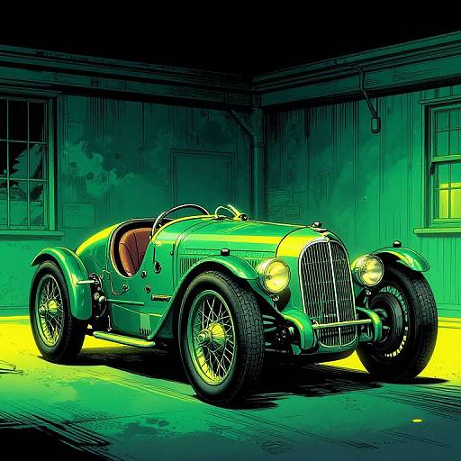 Digital illustration of a vintage green sports car with yellow highlights, large headlights, and wire-spoked wheels, parked inside a dimly lit, green-t