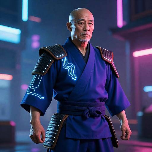 Elderly East Asian Cyberpunk Martial Artist
