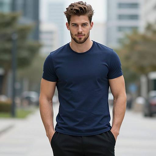 Photograph of a handsome, muscular man with brown hair, blue eyes, and beard, wearing a navy t-shirt and black pants, standing confidently on