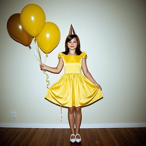 Girl in Yellow Dress Holding Balloons at Birthday Party