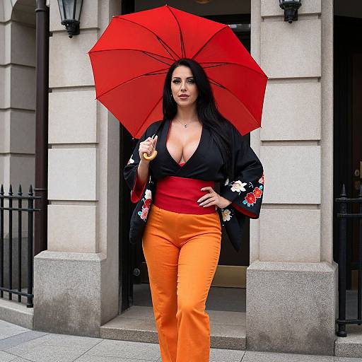 Woman in Black Kimono with Red Umbrella