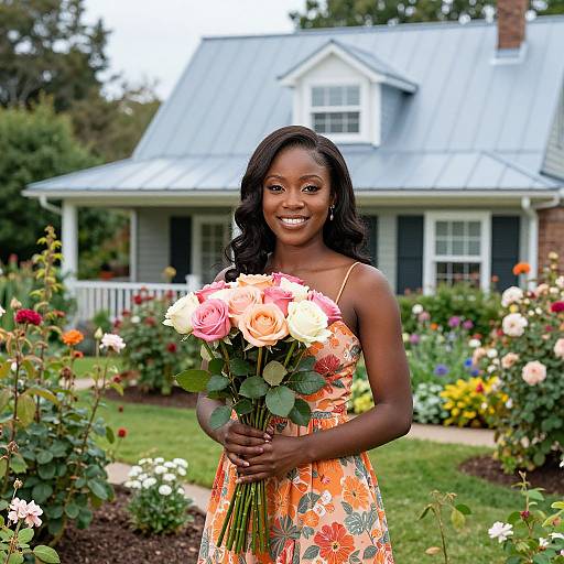 Smiling African-American woman with dark skin wearing an orange floral dress holds pink and white roses in front of a charming, grey-roofed cottage surrounded