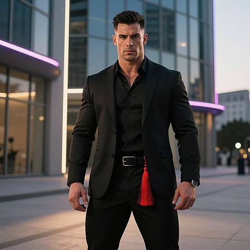 Photograph of a muscular, handsome man with short, dark hair, wearing a black suit, black shirt, and red tassel, standing confidently in