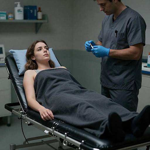 Woman on Medical Stretcher with Male Nurse