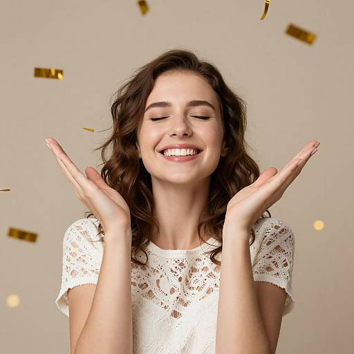 Photograph of a smiling young woman with wavy brown hair, wearing a white lace top, hands raised in joy, against a beige background with gold