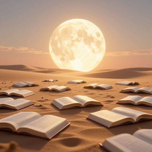 Photograph of open books scattered across a sandy desert at sunset, with a large, glowing sun in the clear sky.