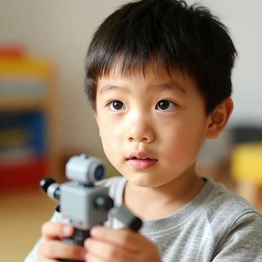 Curious Boy with Toy Robot Portrait