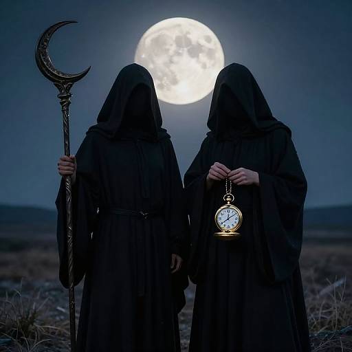 Mysterious hooded figures in dark robes stand under a full moon, holding a staff and a pocket watch, in a grassy, moonlit landscape