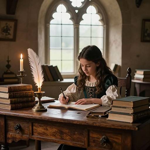 Medieval-style photograph of a young woman with long brown hair, wearing a green and white dress, writing in an open book by candlelight on a