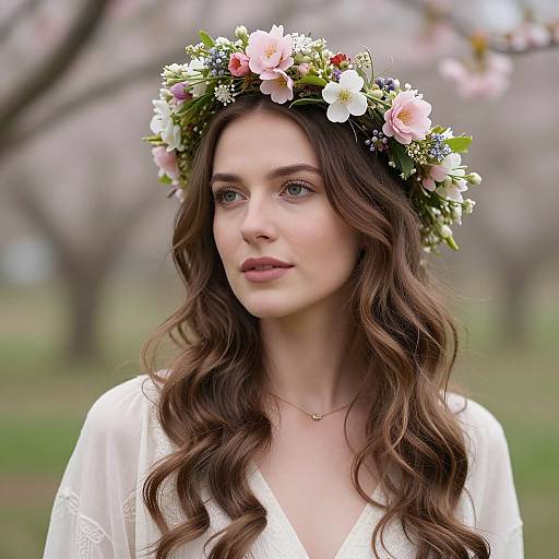 Photograph of a fair-skinned woman with wavy brown hair, wearing a white blouse and a floral crown, standing outdoors in a blurred, spring