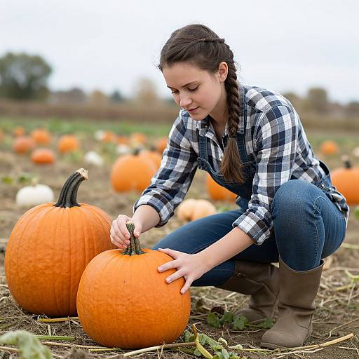 Photograph of a young woman with braided brown hair, wearing a black-and-white plaid shirt and blue jeans, crouching in a pumpkin