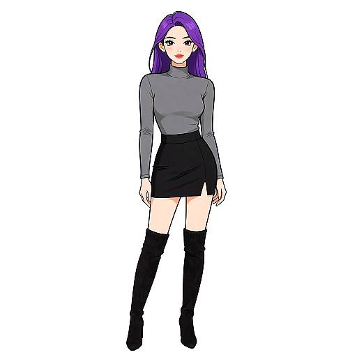 Digital anime-style drawing of a purple-haired woman with fair skin, wearing a gray long-sleeve top, black mini-skirt, and black thigh