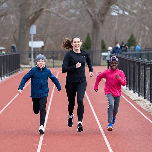 Photograph of a smiling white woman in black athletic wear, running with a young white girl in a blue jacket and a black-beanie, and a