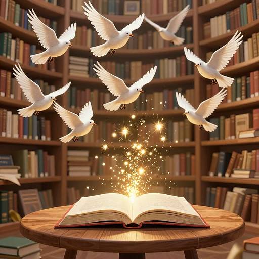 Photograph of six white doves flying above an open, glowing book on a wooden table in a library filled with bookshelves.