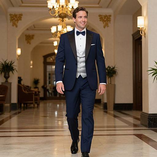 Photograph of a smiling, attractive man in a black tuxedo with a white vest and bow tie, walking in a luxurious, ornate hallway