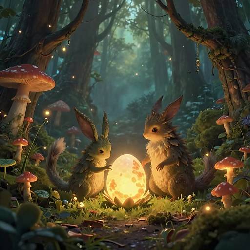 Fantastical forest scene: two furry, rabbit-like creatures with large ears and fluffy tails, illuminated by a glowing, moon-like orb, surrounded by